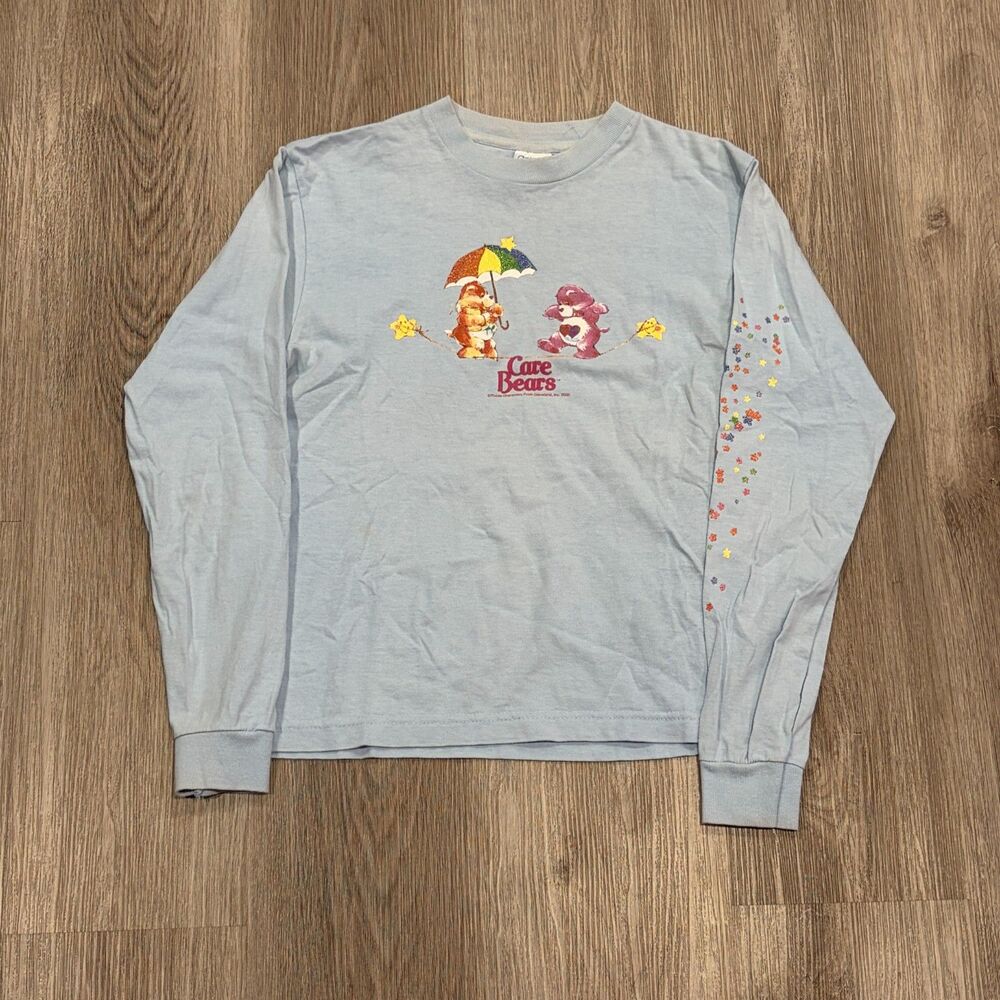 Vtg Care Bears T-shirt Juniors Large Blue Long Sleeve Retro Y2K Decal Fairycore
